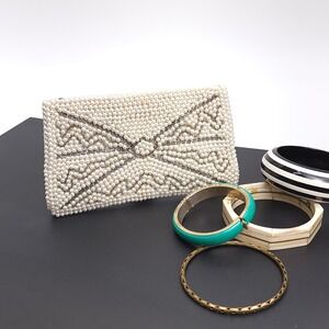Silver Pearl White‎ Beaded Clutch Purse Handmade Japan 50s Old Hollywood Handbag